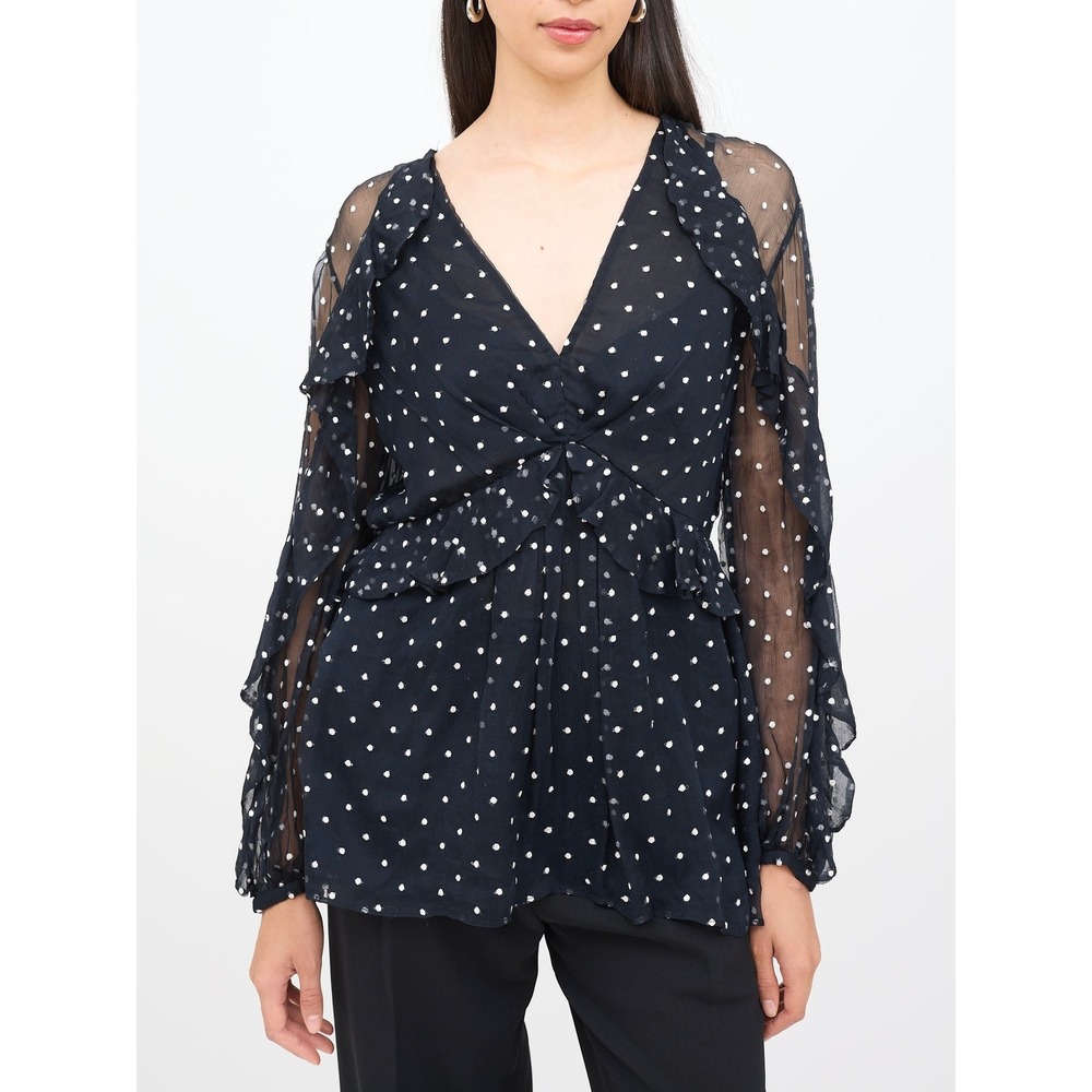 ZIMMERMANN Polka Dot Top Women 0 Black Silk Ruffle V-Neck Long Sleeve Blouse